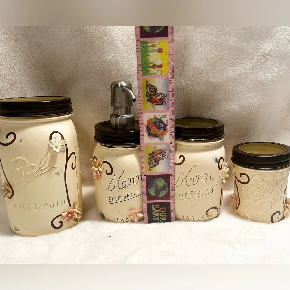 Rustic Farmhouse Mason Ball Kerr Jar 4 Pc Bathroom Set Ivory Chalk Paint